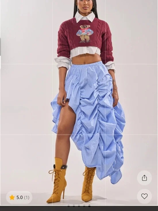 AKIRA Light Blue Gingham High-Low Ruched Maxi Skirt - Picture 2 of 2